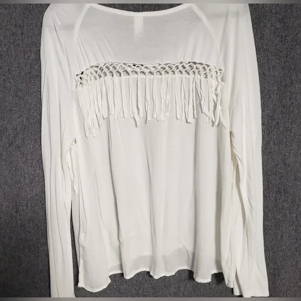 TOKYO DARLING Boho Fringe Crochet Back Peasant Top | Soft Girl Cream Long Sleeve - Image 6