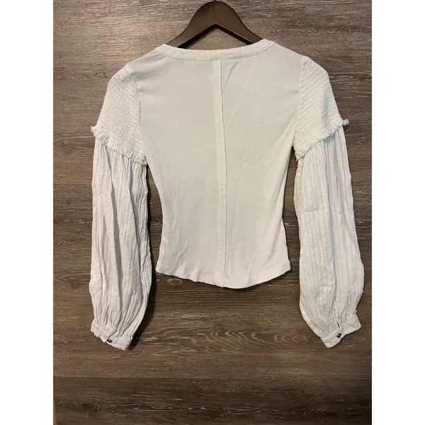 Pilcro Anthropologie White Ribbed Henley Top Smocked Balloon Sleeve Womens XS - Image 7
