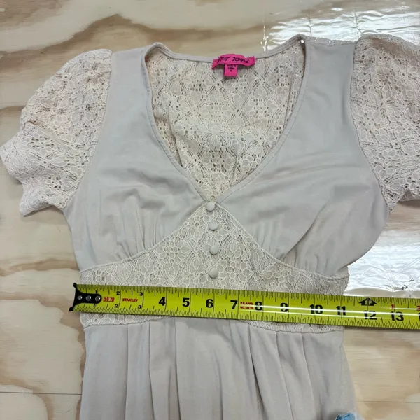 Betsey Johnson Mosaic Lace Puff-Sleeve Midi Dress Crochet Back Cream Sm JL408532 - Image 15