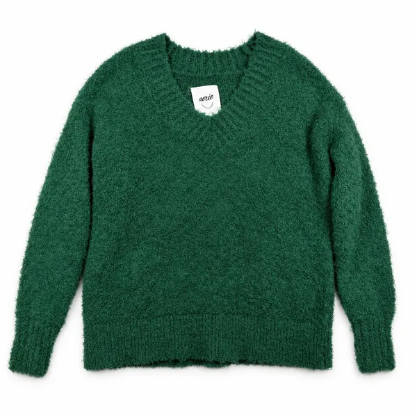 Aerie XS Sweater Green V-Neck Fuzzy Boucle Knit Pullover Relaxed Cozy Winter - Image 2