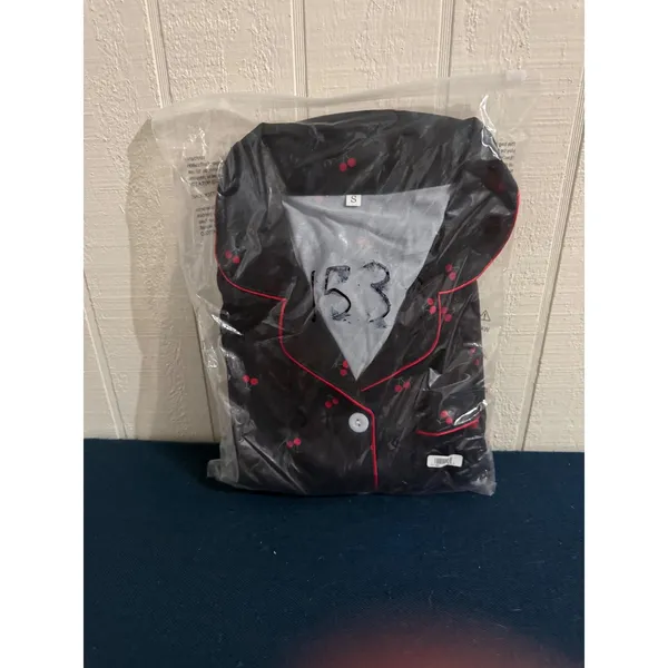 NIB- Black Cherry Print Satin Pajama Set Short Sleeve Button Down & Shorts Small - Image 2