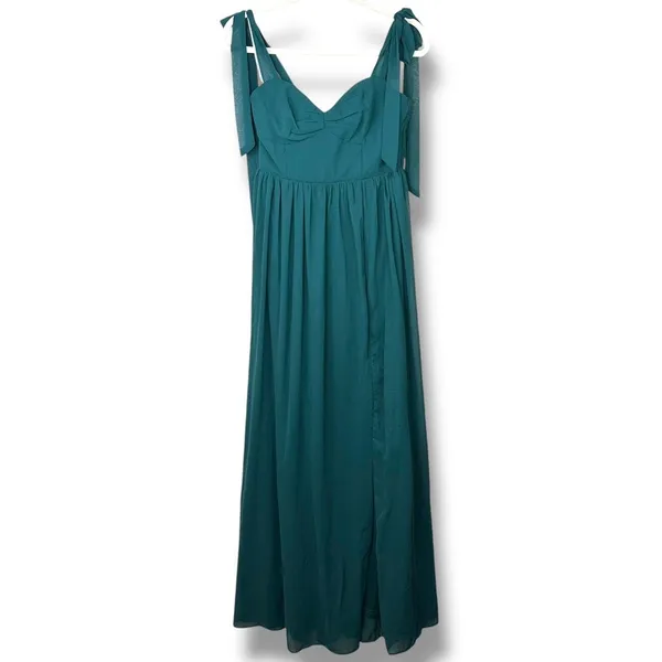 Lulus NWOT Radiant Charisma Emerald Chiffon Ruched Tie-Strap Maxi Dress Medium - Image 3
