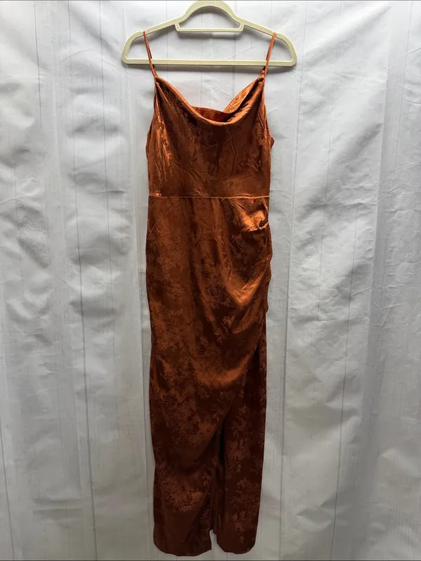Lulu's Rust Orange Under the Moonlight Satin Jacquard Maxi Slip Dress Medium - Image 6