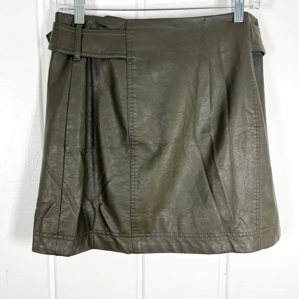 Free People Vegan Leather Moto Mini Skirt Y2K Boho Edgy Rocker Olive - Image 4