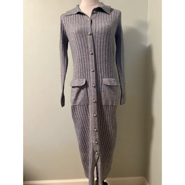 Nanette Lepore Ribbed Knit Collared Button gray Midi Dress‎ S classic body con - Image 2