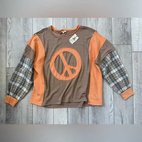 NWT Easel Peace Patch Mixed Mineral Washed Colorblock Plaid Top size large - Image 5