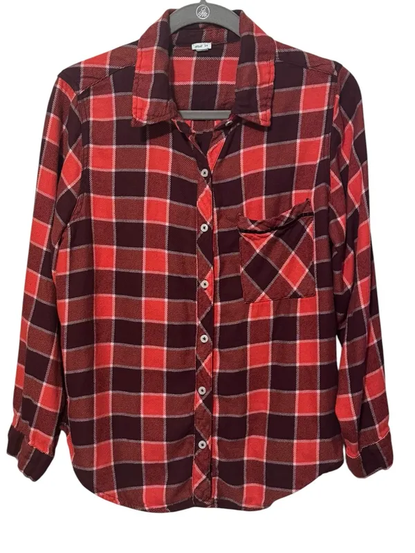 AERIE Plaid Flannel Pajama Shirt M 22.5” p2p Red/Burgundy - Image 2