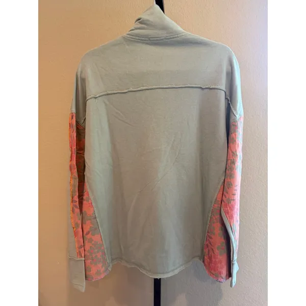Easel Oversized Flower Patchwork Mock Neck Terry Knit Top in Sage Size S - Image 3
