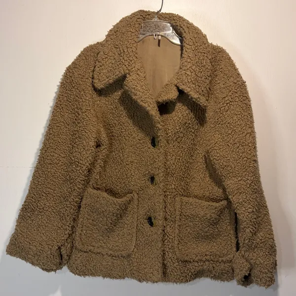 Free People- So Soft Cozy Peacoat Oversized Sherpa Jacket Pockets Buttons Size M - Image 3