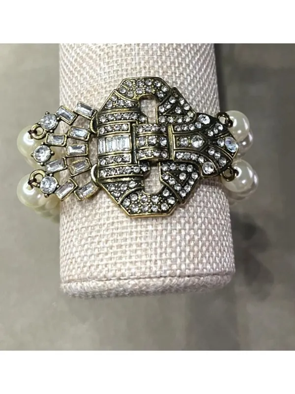 Vintage 90s Art Deco Style Multi Strand Faux Pearl Bracelet Crystal Rhinestone C - Image 2