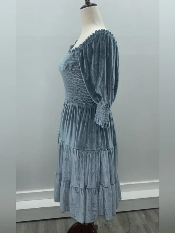 Baltic Born Slate Blue Velvet Smocked Tiered Puff Sleeve Midi Dress Size M - Image 4