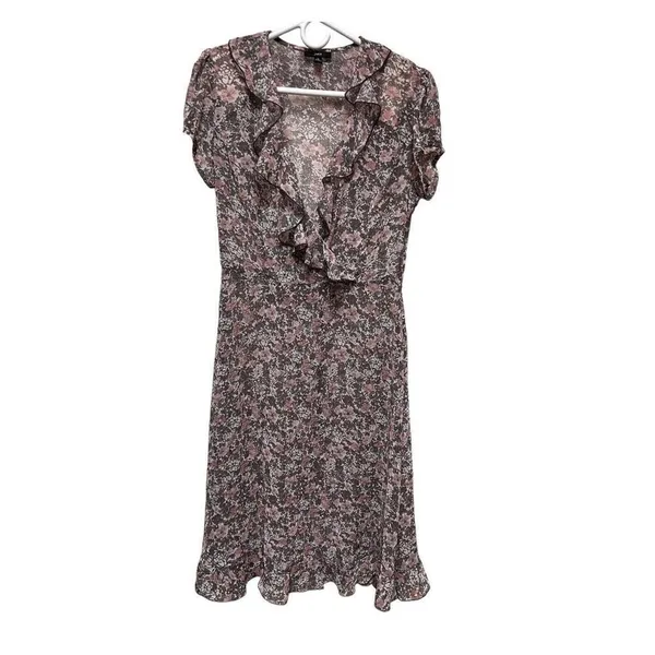 JBS Women Brown Pink Floral Ruffle V-Neck Sheer Mini Dress Size 10 NWT - Image 2