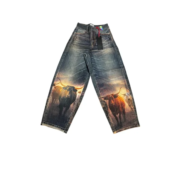 VBRT [XPT894] Long Horn Digital Horse Print Baggy Barrel Jeans NWT Size Small - Image 3