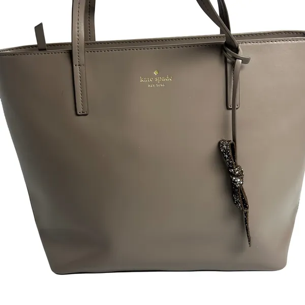 Kate Spade New York Taupe Leather Tote Bag with Glitter Bow Charm Zip Top - Image 2