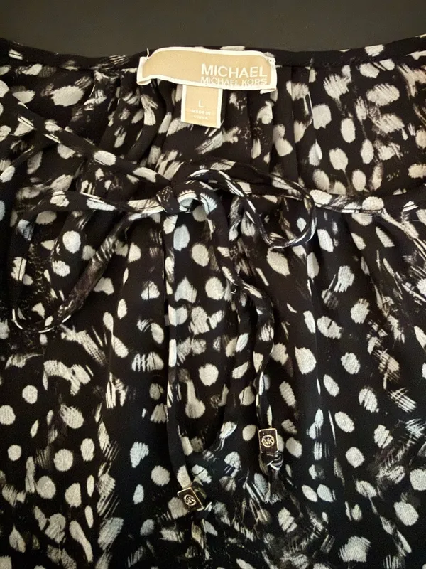 Michael Michael Kors Black & White Abstract Dot Tie-Neck Long Sleeve Blouse Size L - Image 7