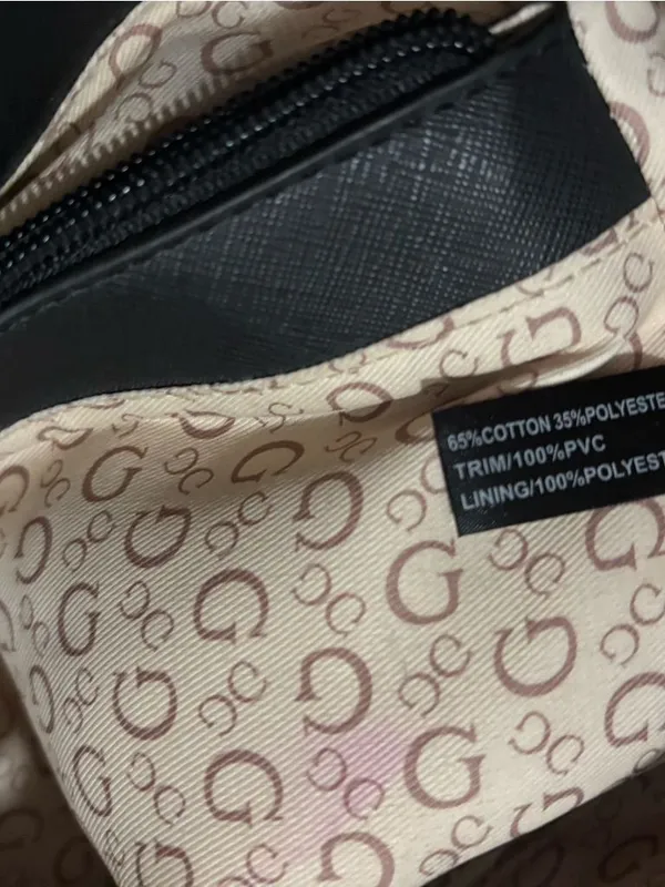 GUESS Beige Canvas Tote with Black Handles and Silver Logo - Image 10