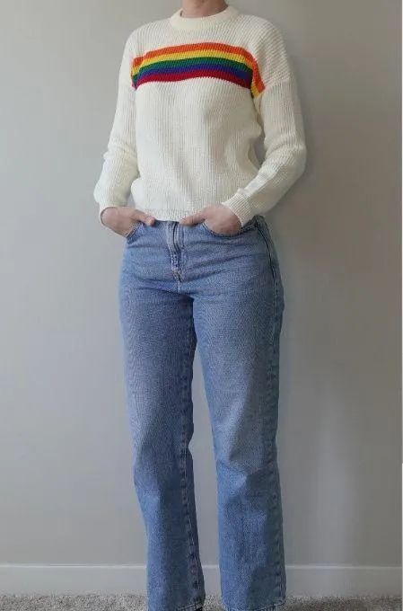 Rainbow Cream Knit Cozy Crew Neck Sweater One Size White - Image 4