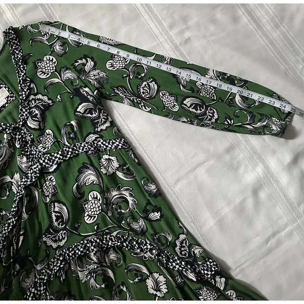 Anthropologie Robin Boho Tiered Ruffled V-Neck Dress Green Motif Size Small - Image 11