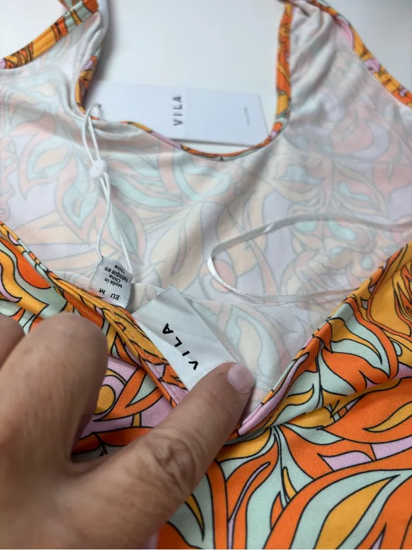 VILA Halter Midi Dress in Orange, Pink & Yellow Swirl Print NWT Size EU M - Image 7