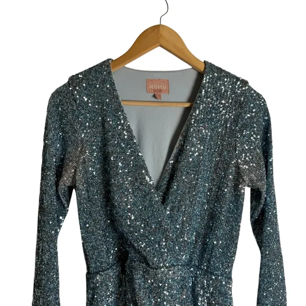 Show Me Your MuMu Party Hop Blue Sequined Long Sleeve Ruched Mini Dress Size M - Image 6