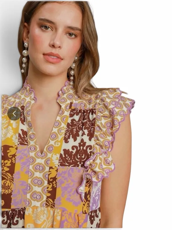 UMGEE Scarf Print Midi Shift Dress, Large, Ruffle Sleeves Boho Cottagecore - Image 2