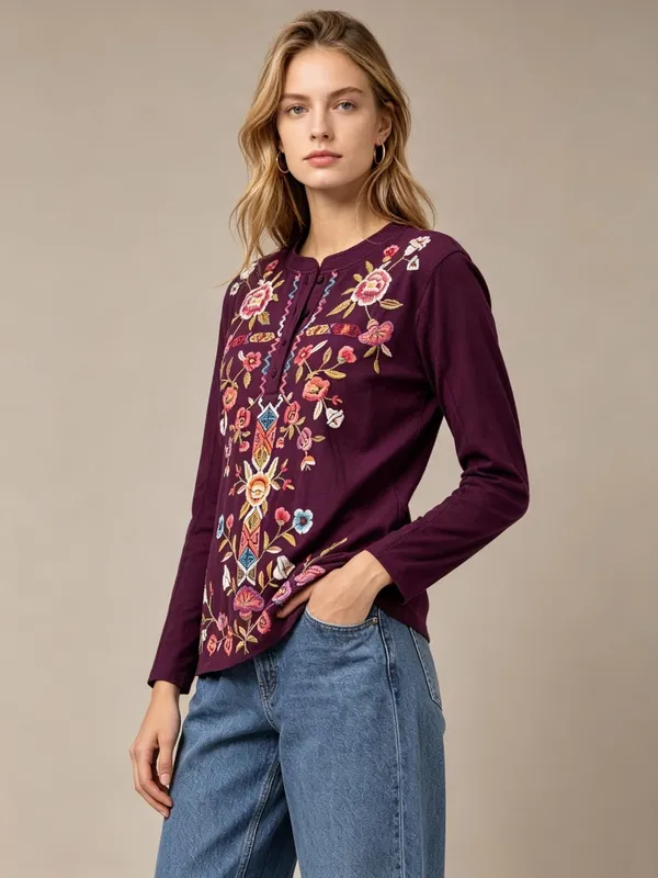 NWOT Johnny Was Anaya Floral-Embroidered Henley Top Tee Long Sleeve T-Shirt M - Image 3