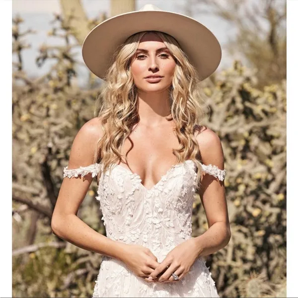 Lilian West Bohemian Off-The-Shoulder A-Line Wedding Gown with Lace Size 14 - Image 5