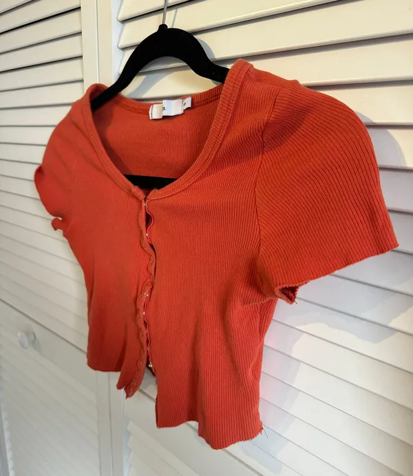 Button Down Short Sleeve Crop Top Orange - Image 3