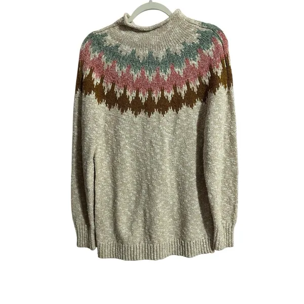 LL Bean Sweater Womens medium Beige Fair Isle Cotton Chunky Knit Mock Neck - Image 3