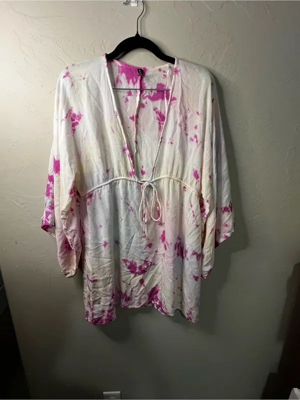 Raviya Petunia Pink Yellow Tie Dye Rayon Swim Cover Up Tunic Beach Vacation - Image 2