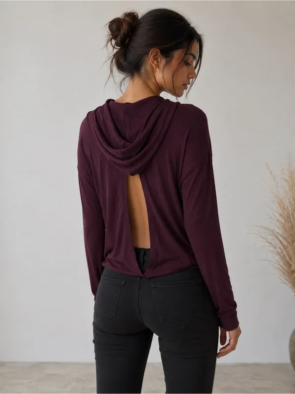 New York & Company Deep Plum Open-Back Hooded Long Sleeve Top - Image 2