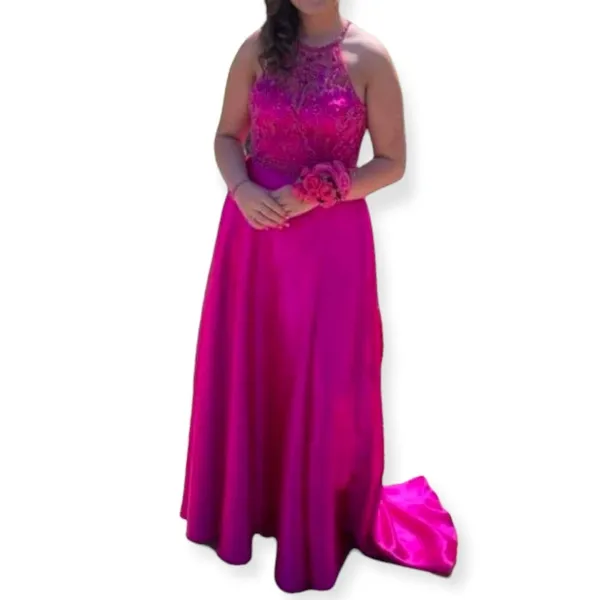 Mori Lee Fuchsia Embellished 2 Piece Prom Dress Size 10 Halter Gown - Image 16