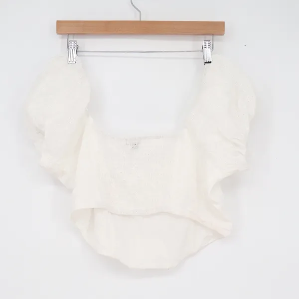 Wild Fable White Eyelet Puff Sleeve Corset Crop Top Large Smocked Back Cotton - Image 4