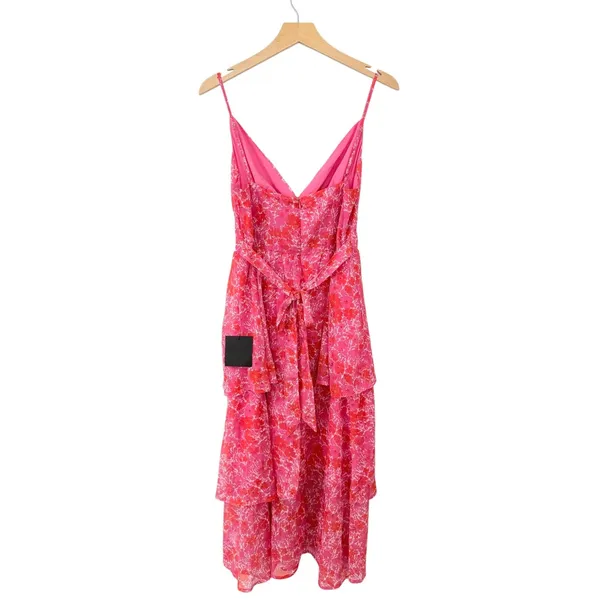 Lulus Adorable Obsession Pink Floral Print Lurex Tiered Midi Dress size L NWT - Image 3