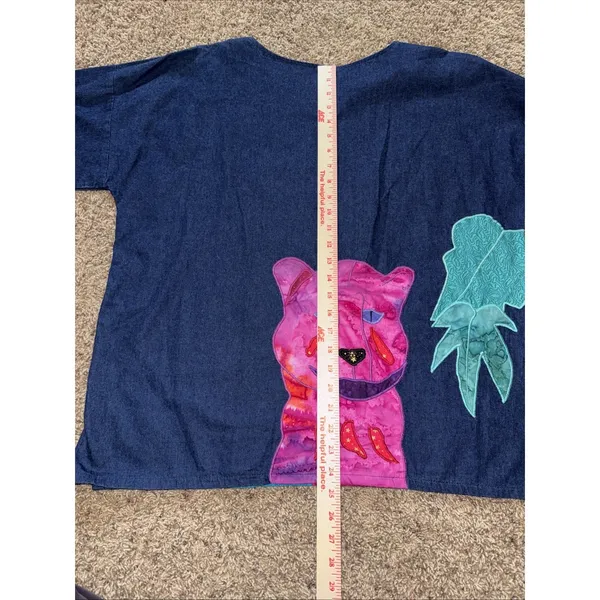 Alfredo's Wife Vintage Denim Tunic‎ Shirt Sz Small Colorful Leopards Folk Art - Image 8