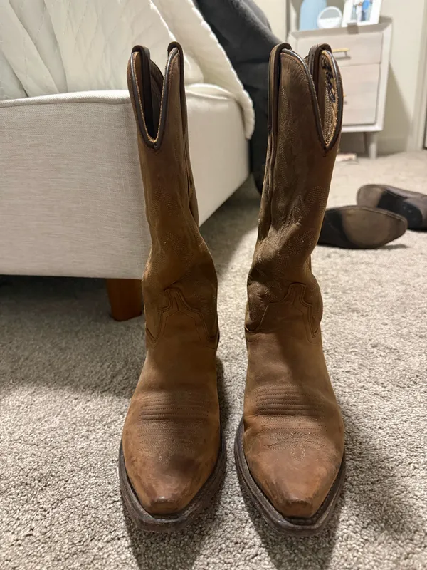 Old West Boots Tan Leather Snip Toe Cowboy Boots - Image 3