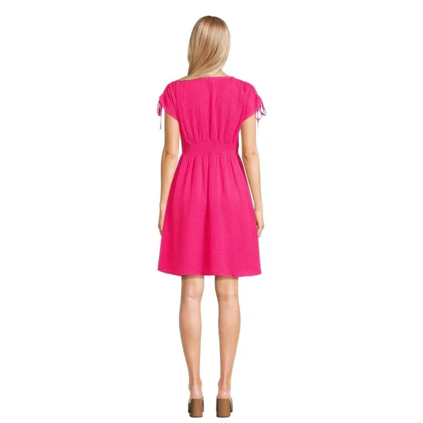 Time and Tru Womens Dress Size XS Pink Midi Front Detail Short Sleeve Flowy - Image 3