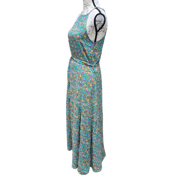 Silk & Salt‎ NWT Teal Floral Halter Maxi Dress Tie Waist Double Slit Medium - Image 3