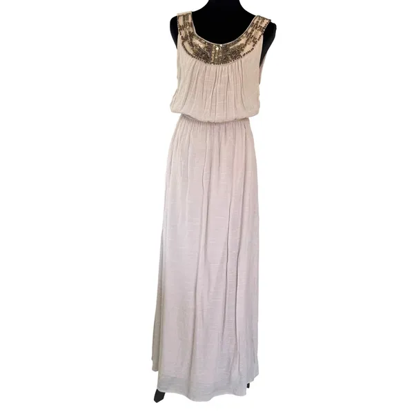 Womens L-XL Taupe Beaded Sequin‎ Neckline Sleeveless Maxi Dress Cowl Back - Image 2