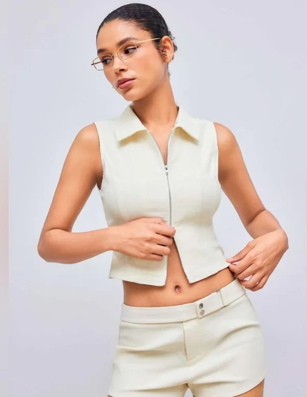 NWOT Cider Woven Collar Solid Zipper Tank Top Beige | TAGS CUT OUT SEE NOTES - Image 3