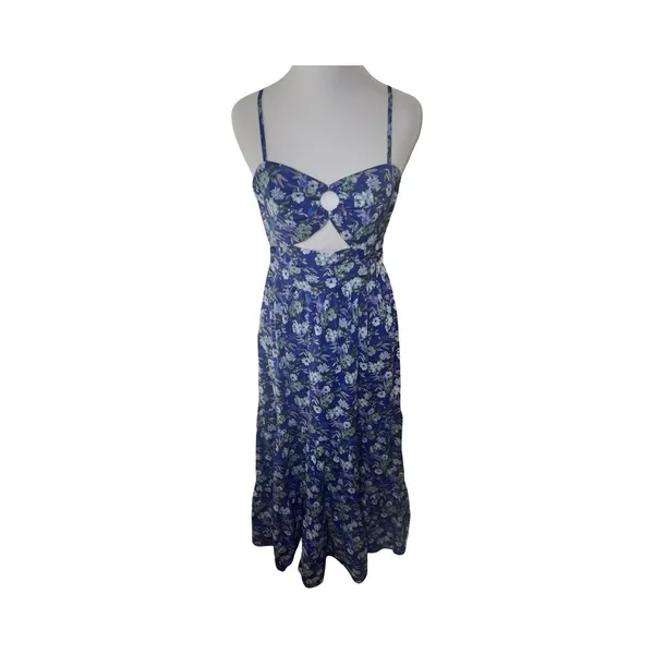 FORE Blue Floral‎ Cotton Tiered Midi Dress Cutout Ring Detail DI8291FO Womens S - Image 2