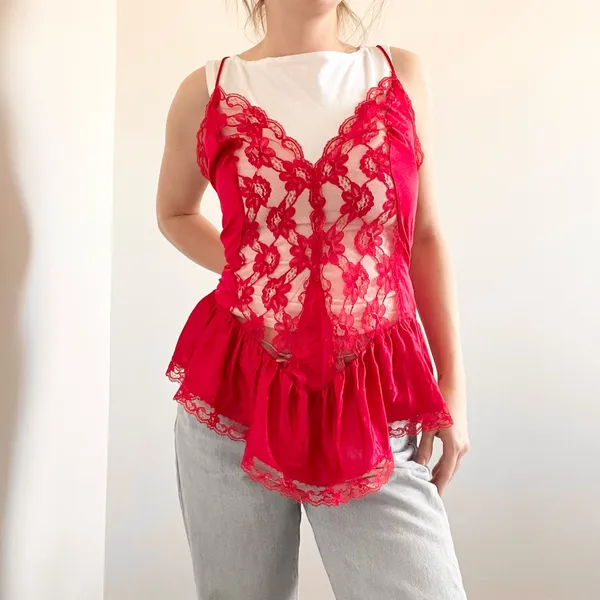Vintage Wendy Ann Sheer Red Lace Peplum Camisole - Image 3
