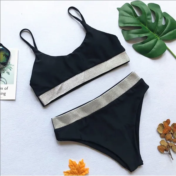 emma bling trim high waist swimsuits set black - Image 4