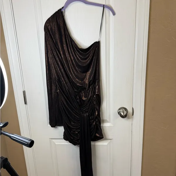 Zara One-Shoulder Shimmer Dress in Black - Image 2