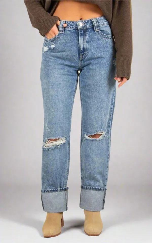 Rewash High Rise Cuffed Straight Ankle Jeans -Vintage Blue Black - Image 3