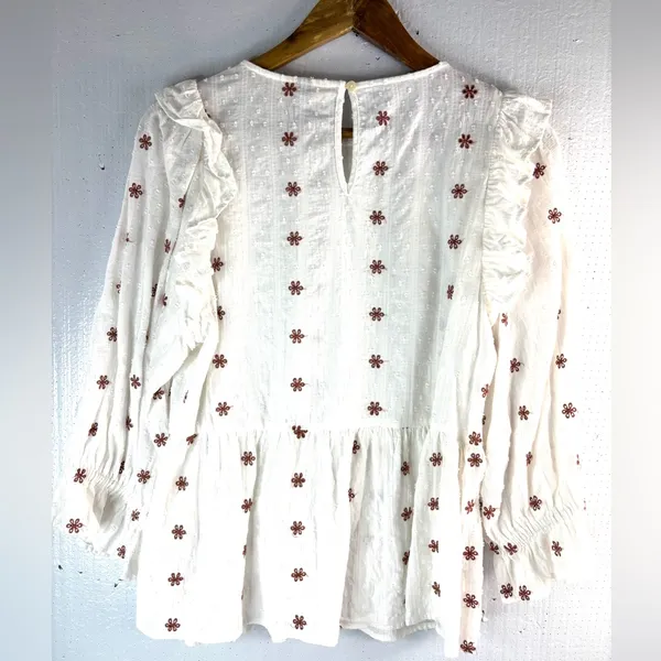Universal Thread S Embroidered Swiss Dot Cotton Cream Top w Brown Floral - Image 2
