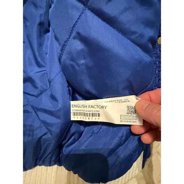 English Factory Navy Blue Cream Oversized Bomber Jacket Sz S Varsity Puffer - Image 9