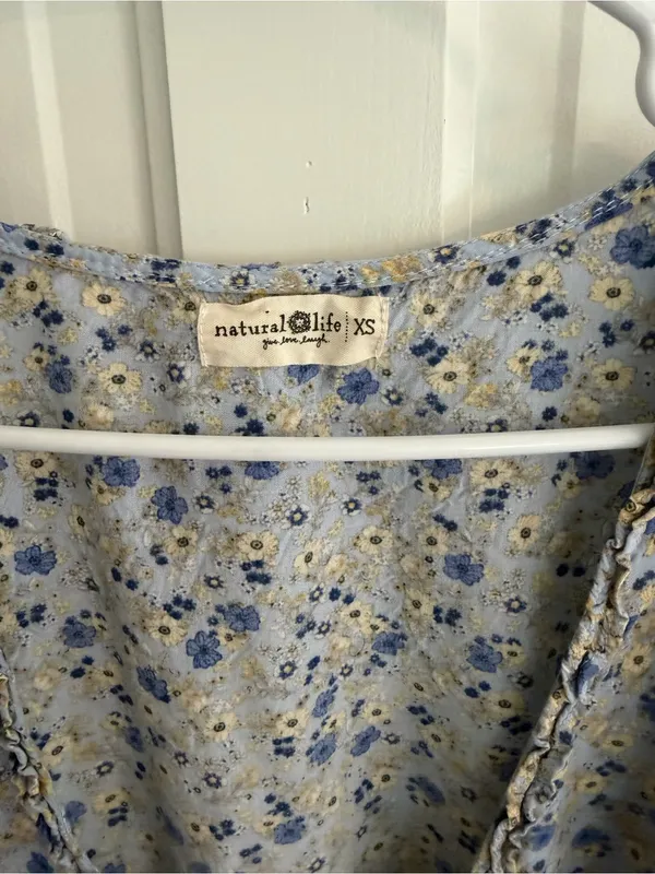 Natural Life Blue Floral Wrap Dress XS Boho Cottagecore Rayon Mini - Image 2