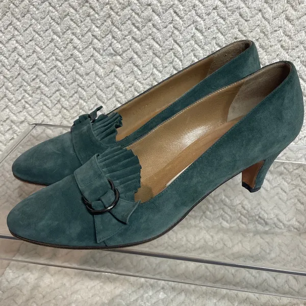 Vintage Perry‎ Ellis Womens 6.5 Classic Teal Suede Kitten Heel Preppy Loafers - Image 2