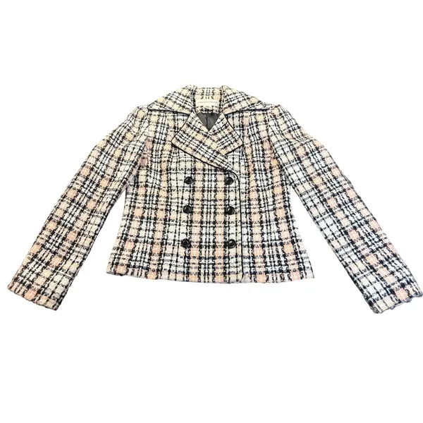 Vintage Jones New York Suit Size 4 Pink Black Plaid Tweed Double Breasted Blazer - Image 6